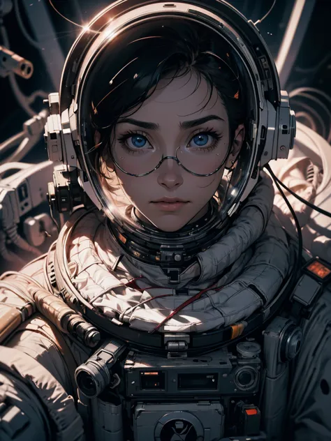 female astronaut j0rd7nj0n3s in space, rosto bonito, foto realista, (retrato), [smoke], [confusion], natural lighting, Profundid...