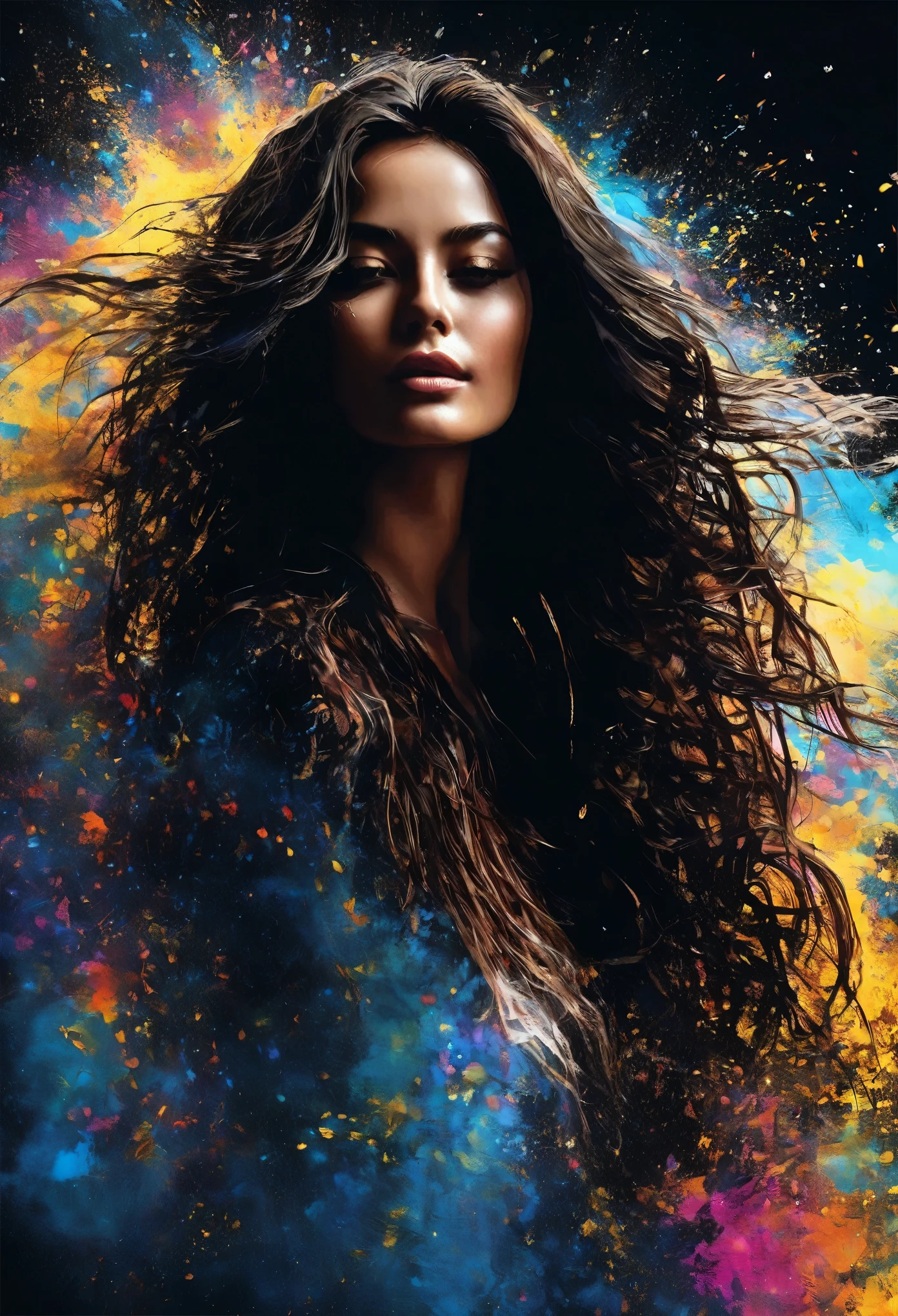 **Digital painting of the full-length silhouette of a beautiful, beautiful and unique Brazilian model, perfect face, dark brown eyes and long cascading hair. Around her there is an eruption of clear and bright particles of joy, fury and tears that spread into the void in all directions. Very intense and nuanced black background, very intense and dark that contrasts and accentuates the beautiful silhouette of the beautiful model. Color background that contrasts significantly with the image and highlights the joy of living. mysticism+coherent and ultrarealistic**