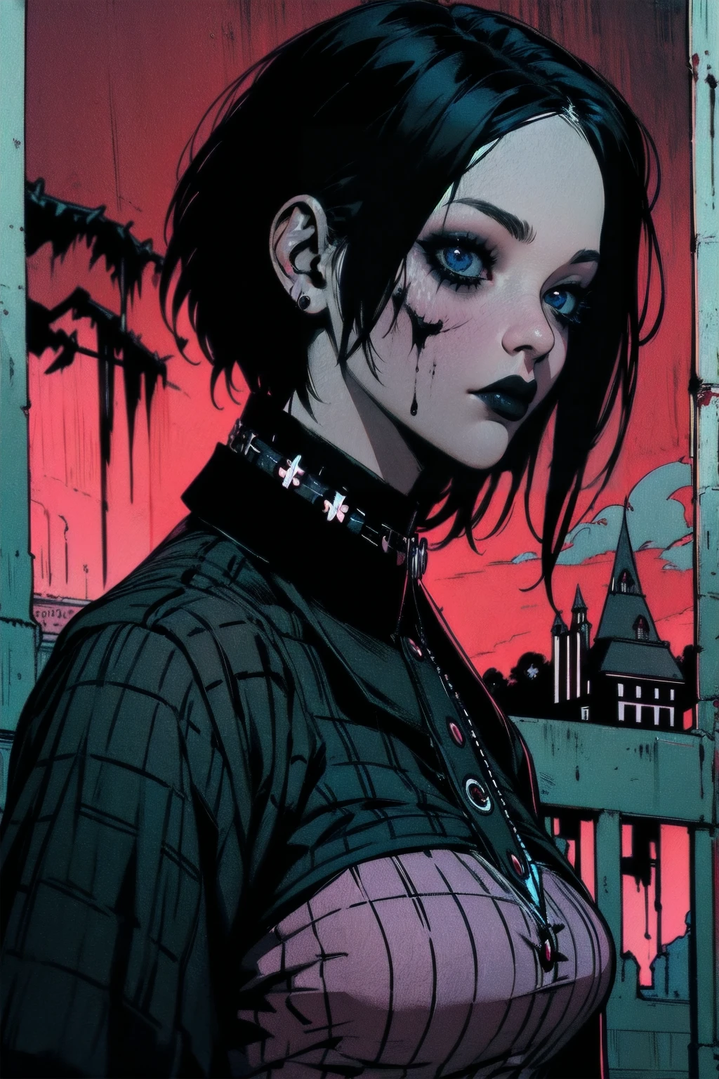a woman with short black hair, hair on shoulders, wearing a black cropped and plaid skirt, blue eyes, zombie art, gothic art, cute aesthetic with vibe, toon aesthetic, wearing red costume, wearing gothic accessories, look like Cassie Hack, upper body, backwards, looking back, castle background