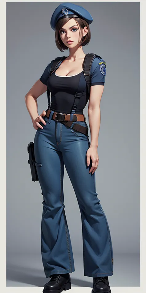 Jill Valentine, masterpiece, best quality, 1girl, solo, standing, jillre1, beret, uniform, shoulder pads, short sleeves, harness...