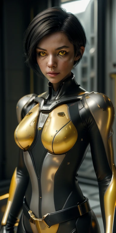 1 girl, solo, (look at viewer), ((Best quality)), ((masterpiece)), (detailed:1.4), ((upper body)), 3D, an image of a beautiful cyberpunk female,HDR (High Dynamic Range), Ray Tracing,NVIDIA RTX,Super-Resolution,Unreal 5,Subsurface scattering,PBR Texturing,Post-processing,Anisotropic Filtering,Depth-of-field,Maximum clarity and sharpness,Multi-layered textures,Albedo and Specular maps,Surface shading,Accurate simulation of light-material interaction,Perfect proportions,Octane Render,Two-tone lighting,Wide aperture,Low ISO,White balance,Rule of thirds,8K RAW, (((yellow eyes))), (((liquid metal black short hair))), AlexTS, (dark skin:1.2), yellow eyes, black hair, short hair, medium breasts, yellow bodysuit, belt, (( gold amor))
