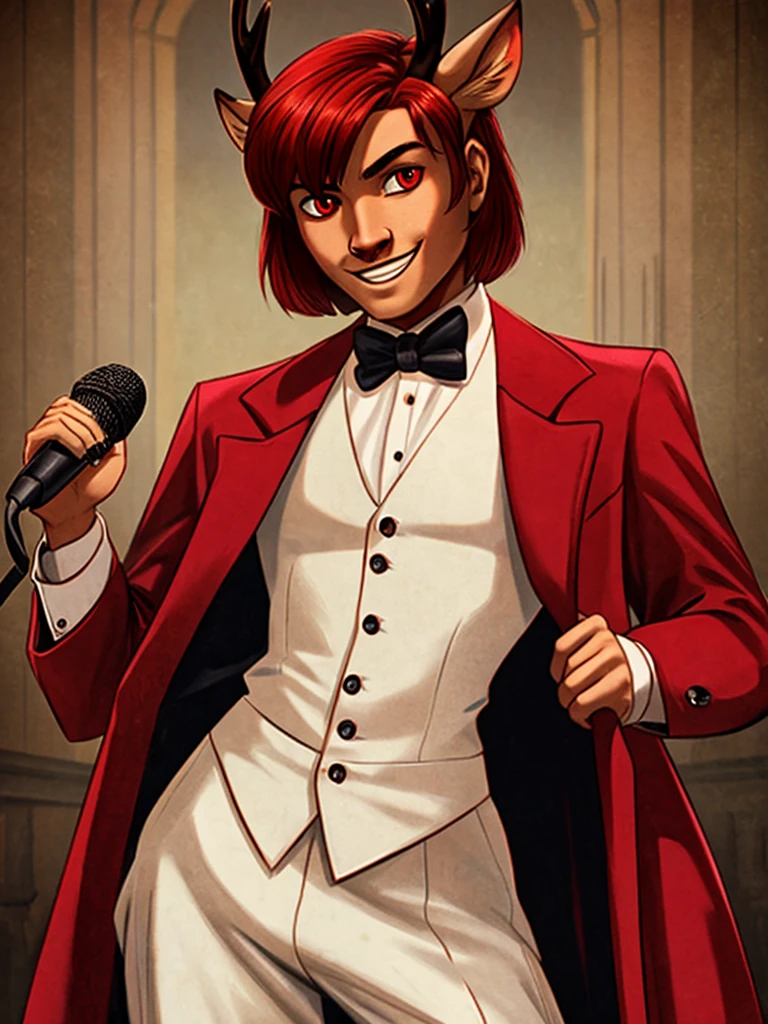  (best quality, masterpiece:1), solo, furry male, androgynous, anthro, read eyes, short hair, red hair, bob haircut, portrait, looking at viewer, deer,  creepy, scary, powerful, spooky, deer, male, face focus, thin body, thin waist, large shoulders, red suit, bow tie, red color scheme, hell, demon, radios, 1930's, 1930's style, 1930's style outfit, holding a red old microphone, (smile), (large smile), full body, karen haircut, graduated bob haircut, longer hair in the front shorter in the back, human face, realistic fur, male, man, masculine, fully clothed, elegant, red tailcoat jacket