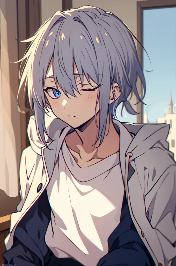 Blue-purple and navy heterochromia, Young Male Elf, Silver straight hair, Wearing a white shirt、He has a black hoodie draped over his shoulders, slacks, Sleepy look, (highest quality,4K,8k,High resolution,masterpiece:1.2),Super detailed,Intricate details,Natural light,Warm colors,Soft Focus,Digital Painting,Fantasy art,anime,Thin arms