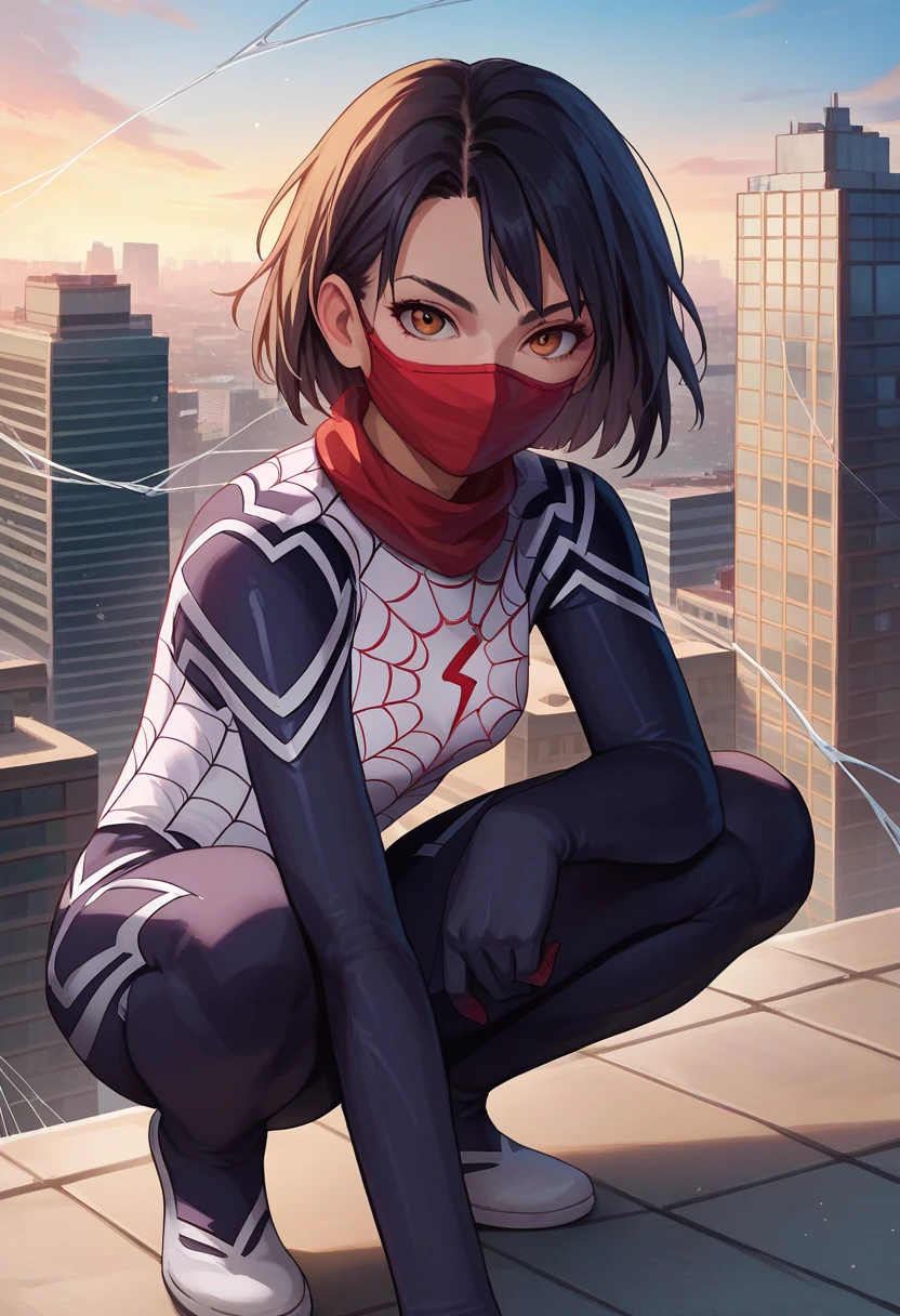 score_9, score_8_up, score_7_up, source_anime, solo, 1girl, cindymoon, squatting, looking at viewer, short hair, bodysuit, mouth mask, spider web print, outdoors, rooftop, cityscape 