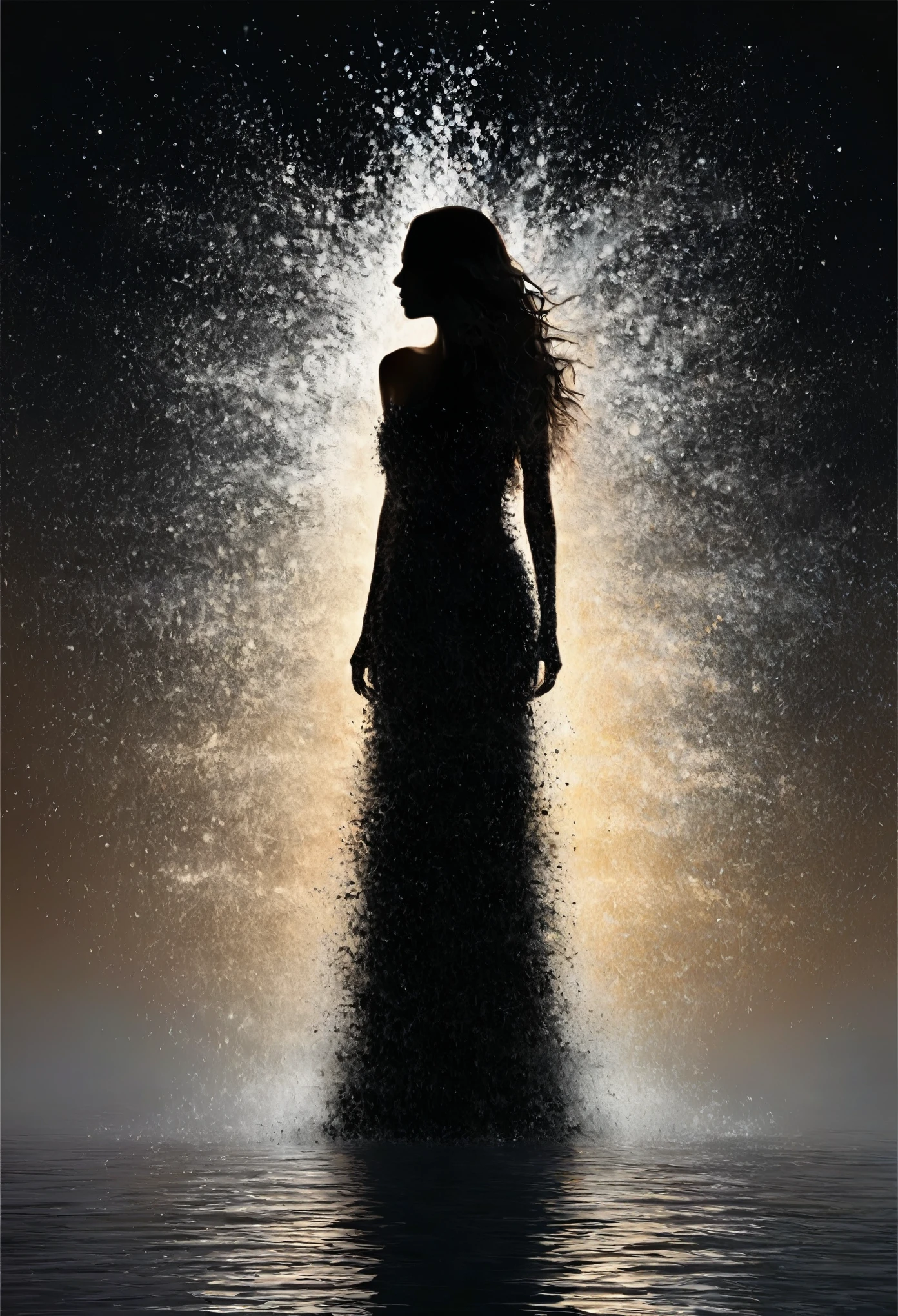 Digital painting of the full-length silhouette of a beautiful, beautiful and unique French model, perfect face, dark brown eyes and long cascading hair. Around it an eruption of transparent, clear and bright water particles occurs that spread into the void in all directions. Very intense and nuanced black background, very intense and dark that contrasts and accentuates the beautiful silhouette of the beautiful model. Color background that contrasts significantly with the image and highlights the joy of living. mysticism+coherent and ultrarealistic