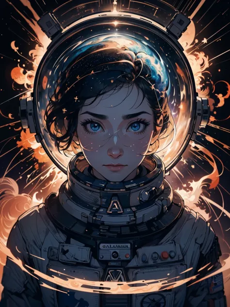 female astronaut in space, (((whole body floating in space, ao fundo estrelas e nebulas, galaxias))) rosto bonito, foto realista...