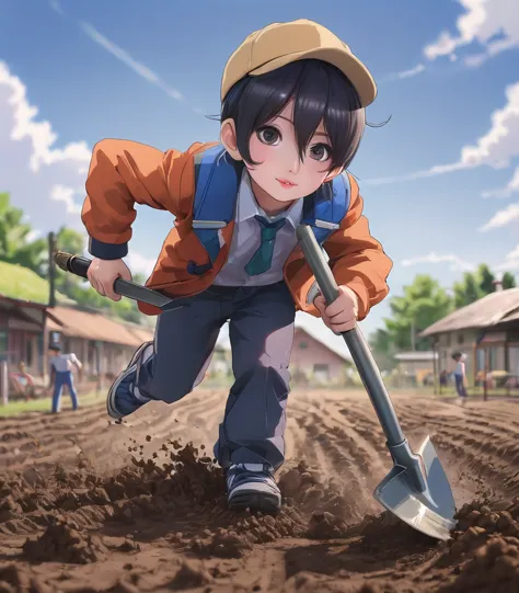 primary school students. change.. agriculture. plowing the ground with a hoe