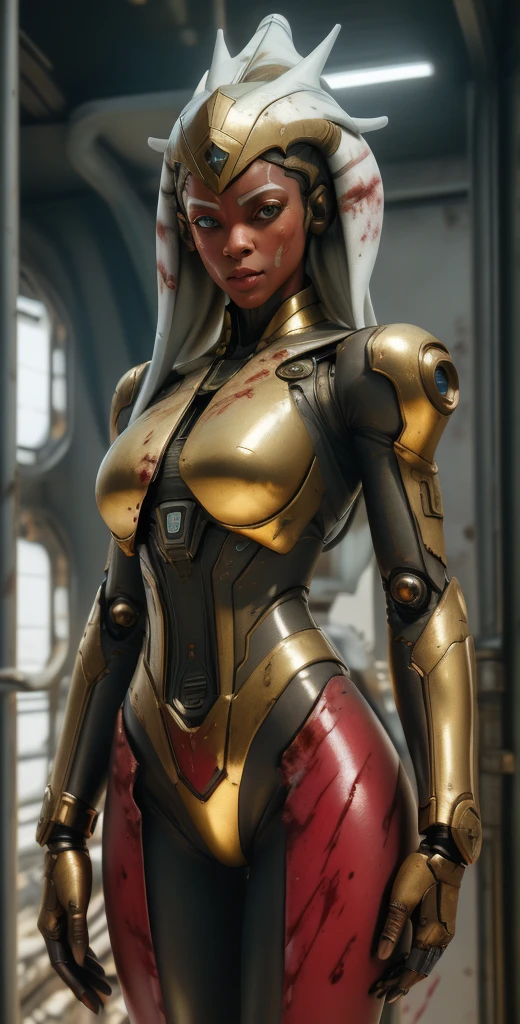 1 girl, solo, (look at viewer), ((Best quality)), ((masterpiece)), (detailed:1.4), ((upper body)), 3D, an image of a beautiful cyberpunk female,HDR (High Dynamic Range), Ray Tracing,NVIDIA RTX,Super-Resolution,Unreal 5,Subsurface scattering,PBR Texturing,Post-processing,Anisotropic Filtering,Depth-of-field,Maximum clarity and sharpness,Multi-layered textures,Albedo and Specular maps,Surface shading,Accurate simulation of light-material interaction,Perfect proportions,Octane Render,Two-tone lighting,Wide aperture,Low ISO,White balance,Rule of thirds,8K RAW, (((blood eyes))), , mechanical parts ahsoka, (dark skin:1.2), blood eyes, , medium breasts, bloodgold/black bodysuit, belt, (( bloodgold amor)) joints, body suit
