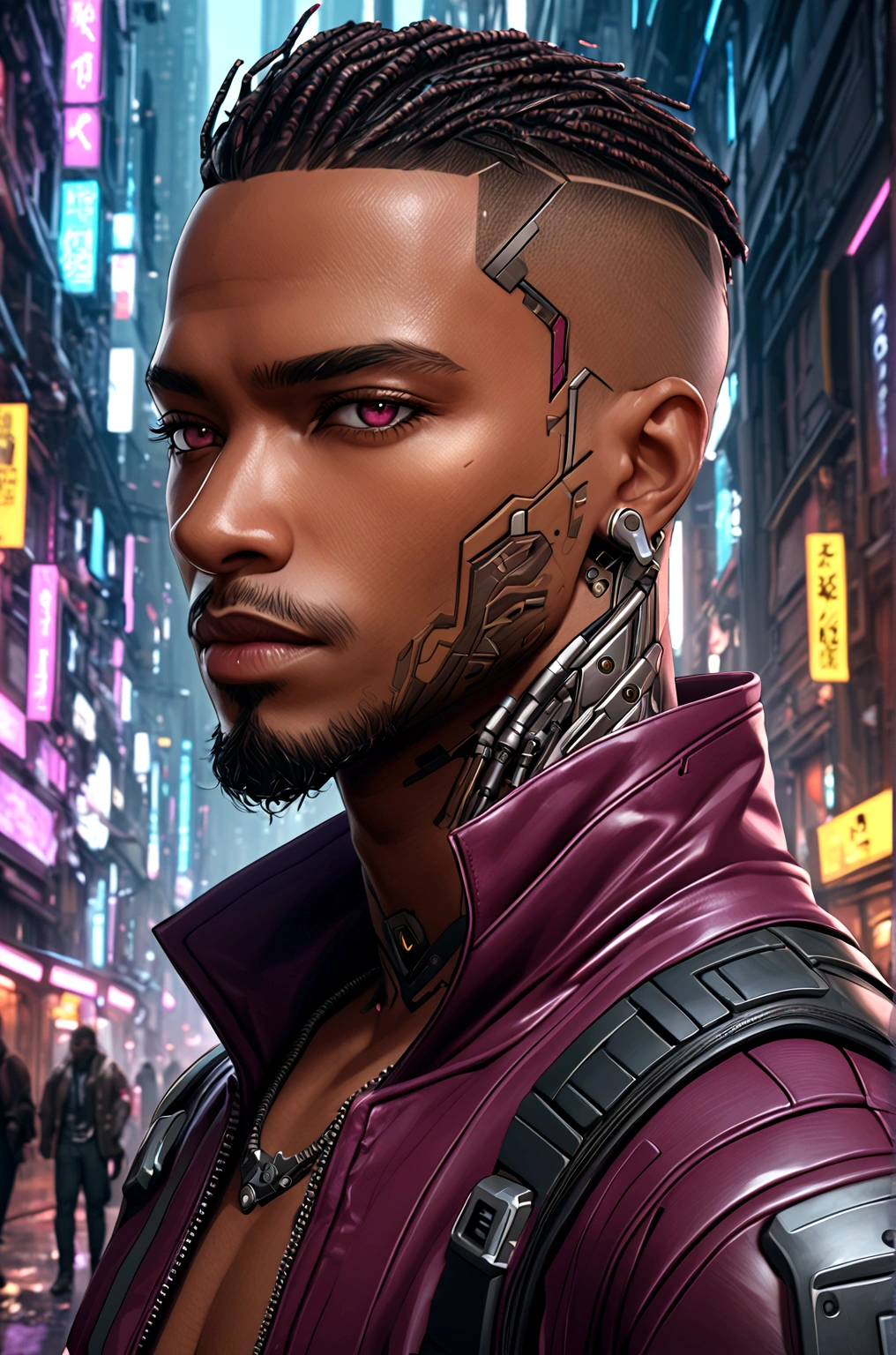 Best quality, masterpiece, full of details), 1male, official anime art illustration, African American Male with purple eyes, Dark skin man in a leather maroon colored jacket walking down a street, slickback hair, faded haircut, hyper-realistic cyberpunk style, portrait of a cyberpunk man, cyberpunk art ultrarealistic 8k, cyberpunk style ， hyperrealistic, cyberpunk character, trendin on artstation, cinematic full character, trending on artstation 4k, portrait of a cyberpunk cyborg, cinematic realistic portrait, cyberpunk hero perfectly photorealistic, incredibly detailed, 8k, UHD, masterpiece, best quality, ultra detailed, intricate,