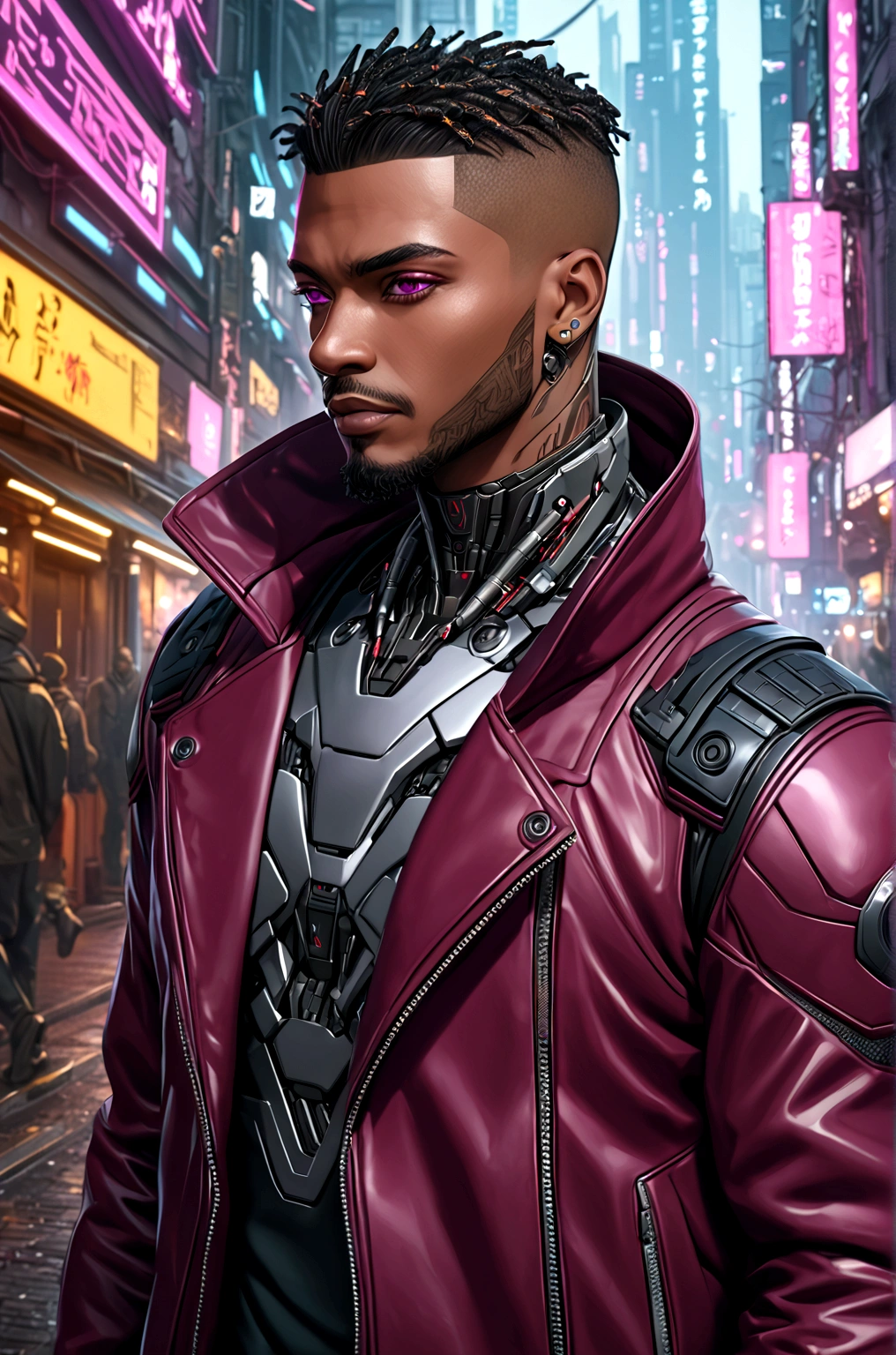 Best quality, masterpiece, full of details), 1male, official anime art illustration, African American Male with purple eyes, Dark skin man in a leather maroon colored jacket walking down a street, slickback hair, faded haircut, hyper-realistic cyberpunk style, portrait of a cyberpunk man, cyberpunk art ultrarealistic 8k, cyberpunk style ， hyperrealistic, cyberpunk character, trendin on artstation, cinematic full character, trending on artstation 4k, portrait of a cyberpunk cyborg, cinematic realistic portrait, cyberpunk hero perfectly photorealistic, incredibly detailed, 8k, UHD, masterpiece, best quality, ultra detailed, intricate,