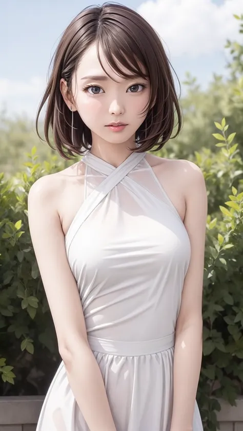 8K quality、High resolution、Realistic skin texture、High resolutionの瞳、woman、A summer dress with a cross shoulder and open chest、Pr...