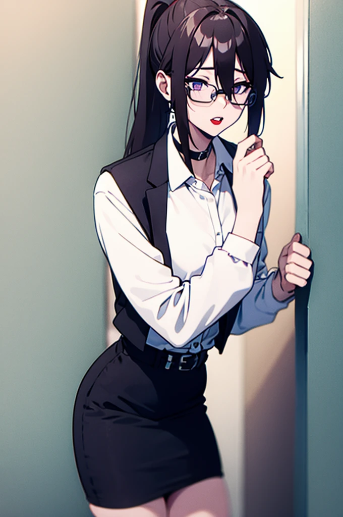 cel shading, detailed eyes, highly detailed, masterpiece, best quality, solo woman, black square glasses, hair between eyes, long side locks, long dark red hair, detailed nose, red lipstick, hair in long ponytail, ponytail, black choker, pencil skirt, white long sleeve, black vest, stockings, holding beer, leaning against wall, vampire teeth, cowboy shot, 