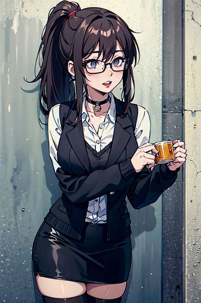 cel shading, detailed eyes, highly detailed, masterpiece, best quality, solo woman, black square glasses, hair between eyes, long side locks, long dark red hair, detailed nose, red lipstick, hair in long ponytail, ponytail, black choker, pencil skirt, white long sleeve, black vest, stockings, holding beer, leaning against wall, vampire teeth, cowboy shot, 