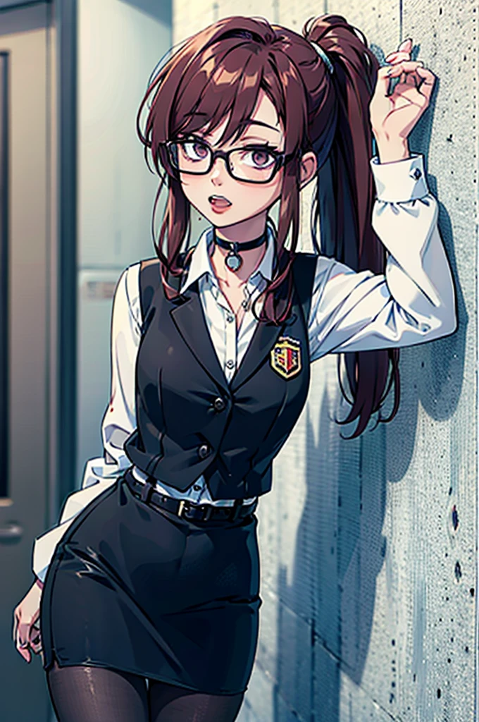 cel shading, detailed eyes, highly detailed, masterpiece, best quality, solo woman, black square glasses, hair between eyes, long side locks, long dark red hair, detailed nose, red lipstick, hair in long ponytail, ponytail, black choker, pencil skirt, white long sleeve, black vest, stockings, holding beer, leaning against wall, vampire teeth, cowboy shot, 