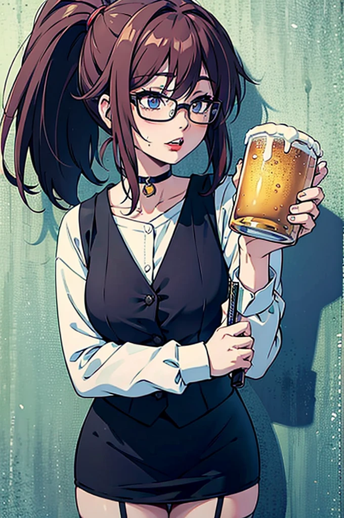 cel shading, detailed eyes, highly detailed, masterpiece, best quality, solo woman, black square glasses, hair between eyes, long side locks, long dark red hair, detailed nose, red lipstick, hair in long ponytail, ponytail, black choker, pencil skirt, white long sleeve, black vest, stockings, holding beer, leaning against wall, vampire teeth, cowboy shot, 