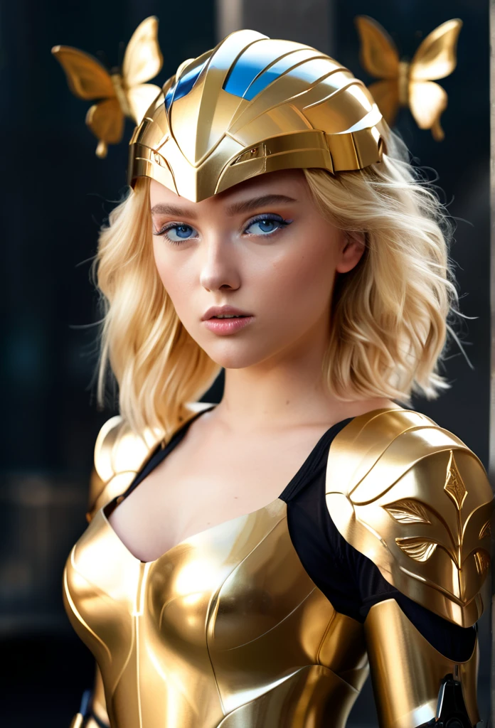 photography, high detail, realistic, ((Dressed from head  to toe in gold metallic romper tight fittings body Armor)) A shiny gold helmet with clear visor for the eyes is on top her head. the girl has blue eyes and Blonde hair. Carries a long broad sword  with a black and mixed gold handle. ((Gold Robot orgami -shaped butterflies are next to her))