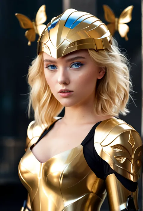 photography, high detail, realistic, ((dressed from head  to toe in gold metallic romper tight fittings body armor)) a shiny gol...