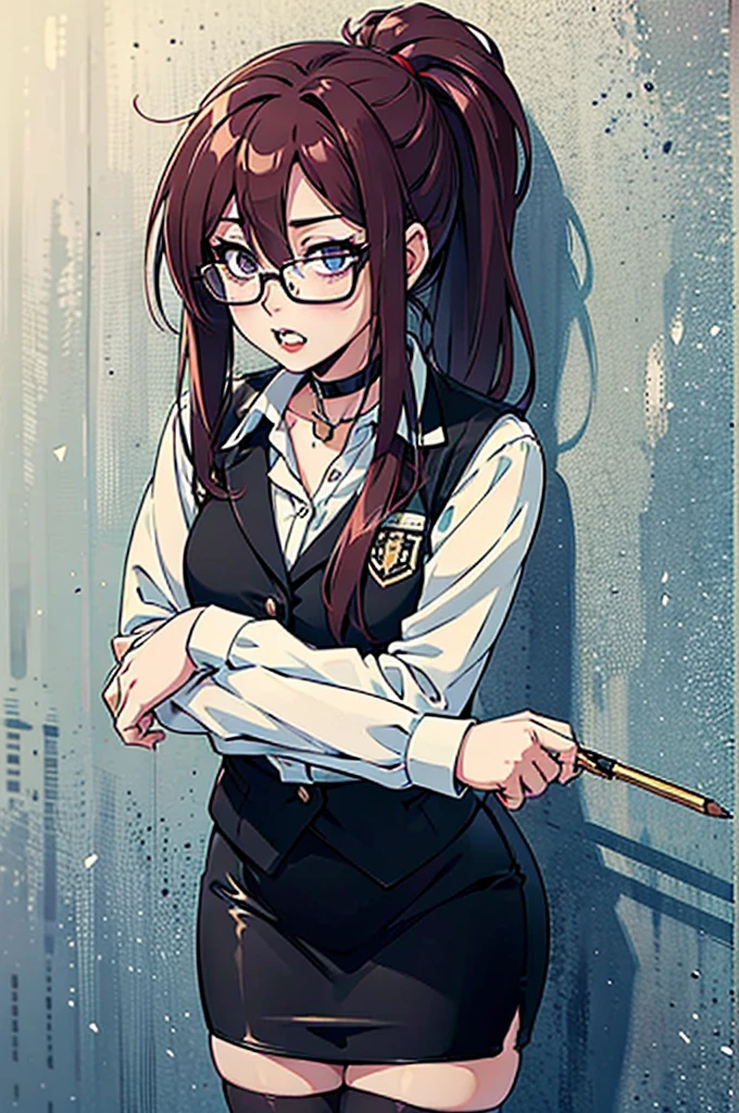 cel shading, detailed eyes, highly detailed, masterpiece, best quality, solo woman, black square glasses, hair between eyes, long side locks, long dark red hair, detailed nose, red lipstick, hair in long ponytail, ponytail, black choker, pencil skirt, white long sleeve, black vest, stockings, holding beer, leaning against wall, vampire teeth, 