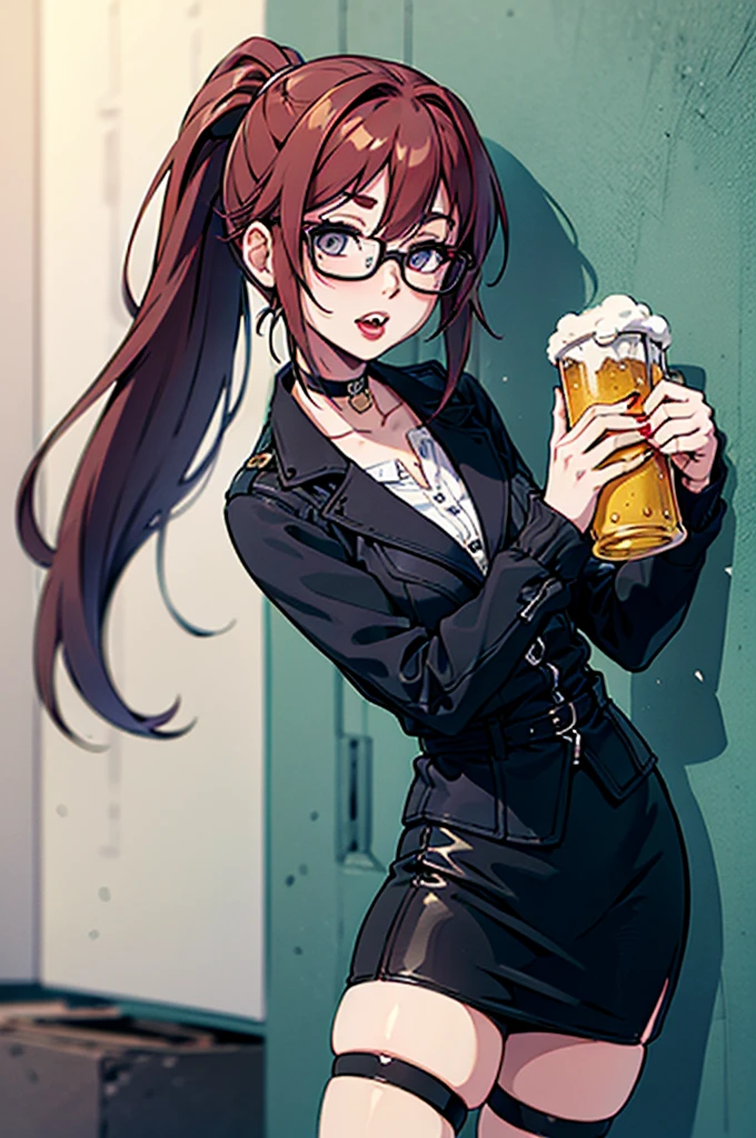 cel shading, detailed eyes, highly detailed, masterpiece, best quality, solo woman, black square glasses, hair between eyes, long side locks, long dark red hair, detailed nose, red lipstick, hair in long ponytail, ponytail, black choker, pencil skirt, white long sleeve, black vest, stockings, holding beer, leaning against wall, vampire teeth, 