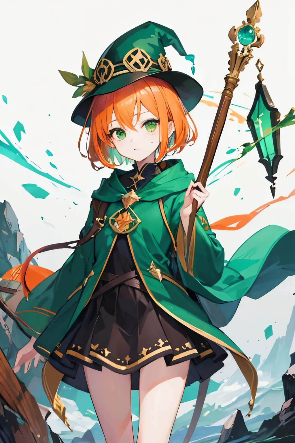 high quality, anime girl mage, with short orange hair, freckles, green eyes, green pointy hat, green robe, wooden staff


