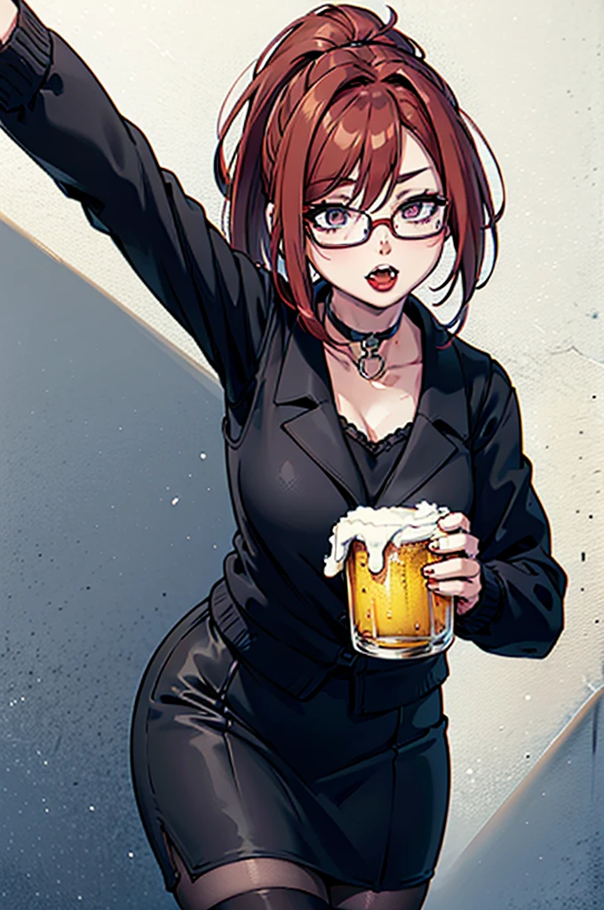 cel shading, detailed eyes, highly detailed, masterpiece, best quality, solo woman, black square glasses, hair between eyes, long side locks, long dark red hair, detailed nose, red lipstick, hair in long ponytail, ponytail, black choker, pencil skirt, white long sleeve, black vest, stockings, holding beer, leaning against wall, vampire teeth, 