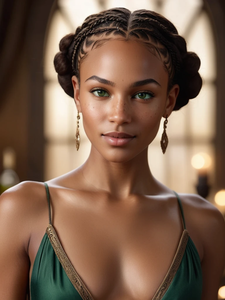 An ultra-realistic, full body, award winning photograph of a very light-skinned thin subservient young creole woman with green eyes, lots of freckles, the perfect and slightly wide nubian bulbous tipped nose, a very large bust, a beautiful oval face, elvish-like beauty, short curly brunette hair with some braids, wearing a low-cut plunging top, showing a lot of skin, and standing confidently with a wine glass in hand with a banquet as her backdrop. The dynamic lighting casts sharp focus on her every feature, making her smooth, light-brown skin radiate. The image exudes a sense of power, allure and charm, captured in a moment of unyielding determination. Taken with expert precision, this smooth and intricately detailed photograph promises to leave an indelible impression.