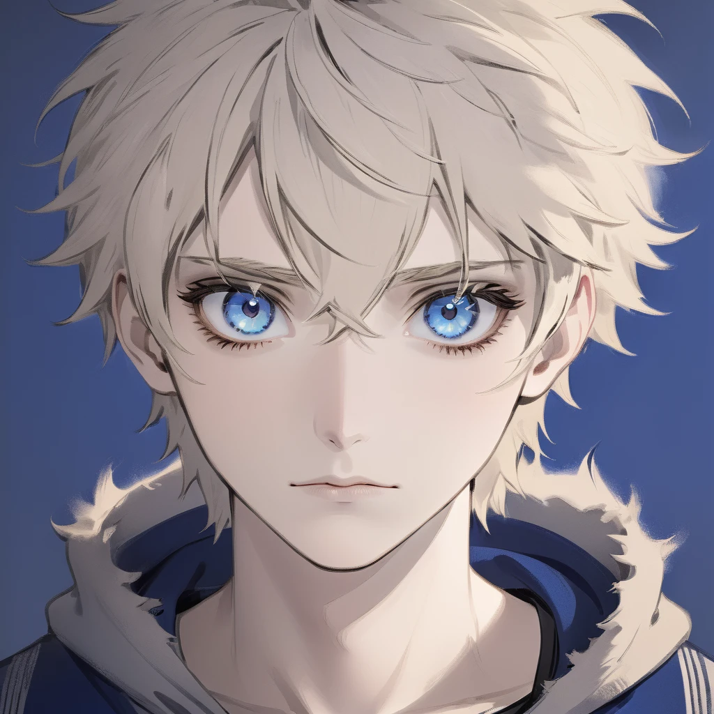 Russian male, deep blue eyes with short, messy hair and pale skin. Anime style. 