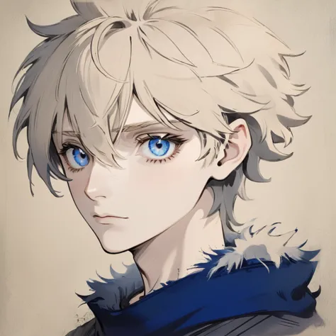 Russian male, deep blue eyes with short, messy hair and pale skin. Anime style. 