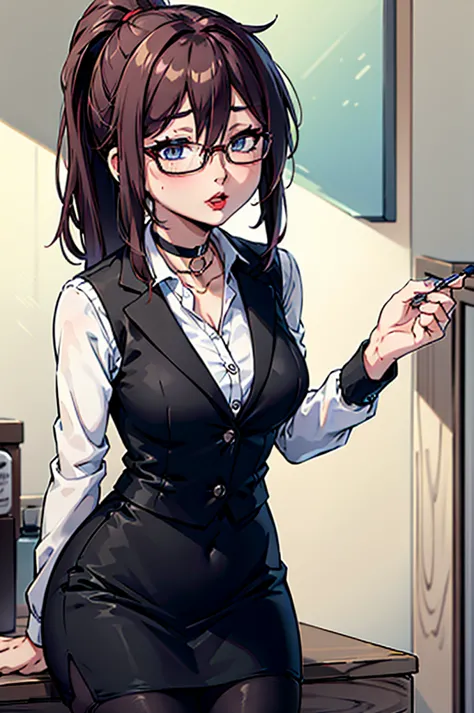 cel shading, detailed eyes, highly detailed, masterpiece, best quality, solo woman, black square glasses, hair between eyes, lon...