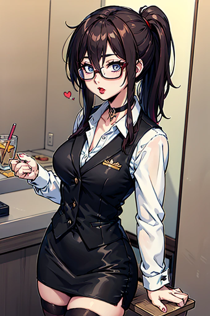 cel shading, detailed eyes, highly detailed, masterpiece, best quality, solo woman, black square glasses, hair between eyes, long side locks, long dark red hair, detailed nose, red lipstick, hair in long ponytail, ponytail, black choker, pencil skirt, white long sleeve, black vest, stockings, bartender woman, 