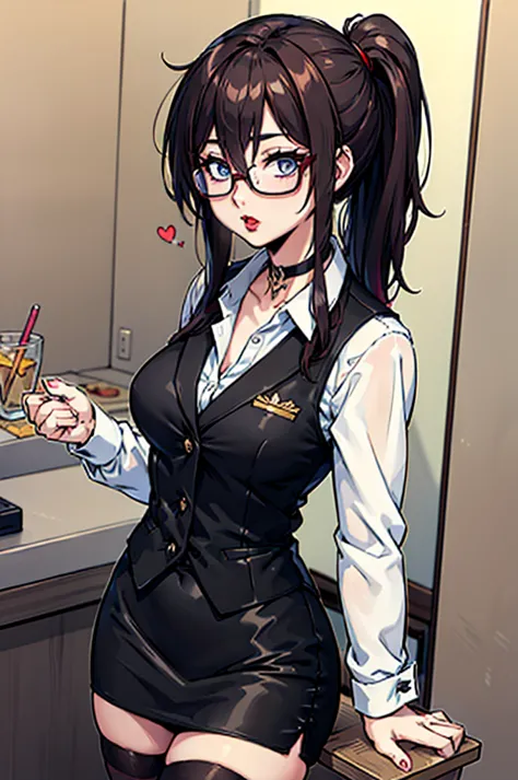 cel shading, detailed eyes, highly detailed, masterpiece, best quality, solo woman, black square glasses, hair between eyes, lon...