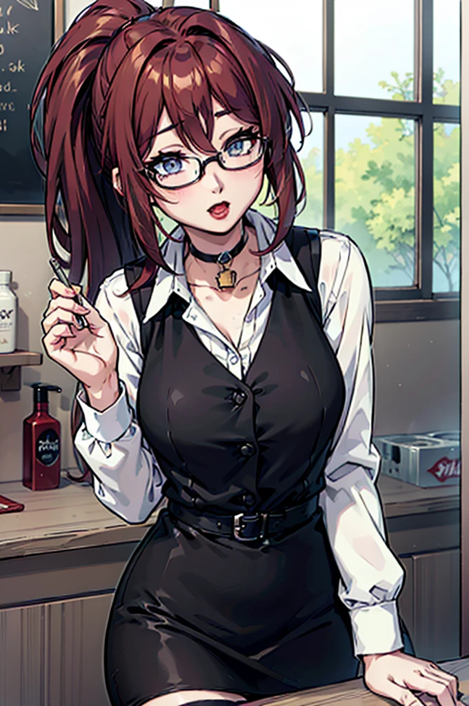 cel shading, detailed eyes, highly detailed, masterpiece, best quality, solo woman, black square glasses, hair between eyes, long side locks, long dark red hair, detailed nose, red lipstick, hair in long ponytail, ponytail, black choker, pencil skirt, white long sleeve, black vest, stockings, bartender woman, 