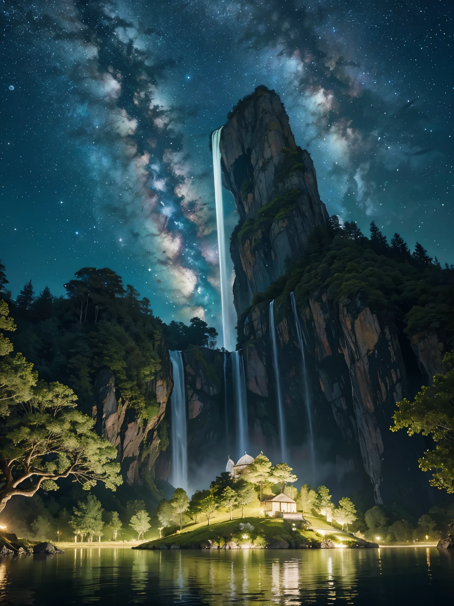 a colossal bottle that contained a majestic lake ,  very high quality and very detailed scene , octane rendering, starry sky , dreams , Giant green moon , Heaven&#39;s Vault , Inspiration, imagination  