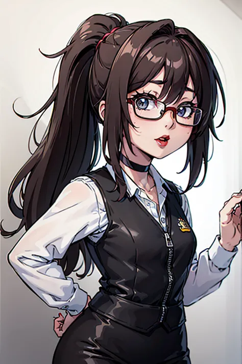 cel shading, detailed eyes, highly detailed, masterpiece, best quality, solo woman, black square glasses, hair between eyes, lon...