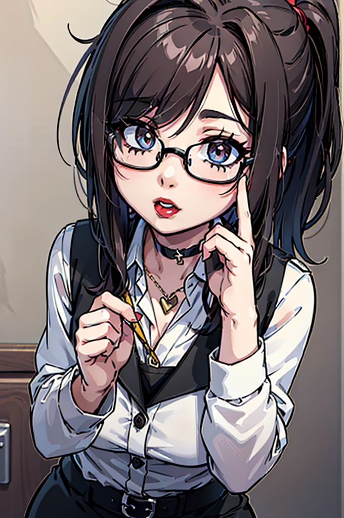 cel shading, detailed eyes, highly detailed, masterpiece, best quality, solo woman, black square glasses, hair between eyes, long side locks, long dark red hair, detailed nose, red lipstick, hair in long ponytail, ponytail, black choker, pencil skirt, white long sleeve, black vest, stockings, 