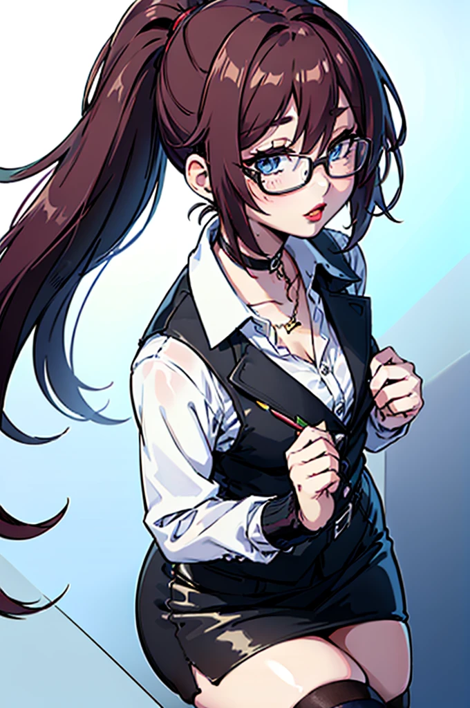 cel shading, detailed eyes, highly detailed, masterpiece, best quality, solo woman, black square glasses, hair between eyes, long side locks, long dark red hair, detailed nose, red lipstick, hair in long ponytail, ponytail, black choker, pencil skirt, white long sleeve, black vest, stockings, 