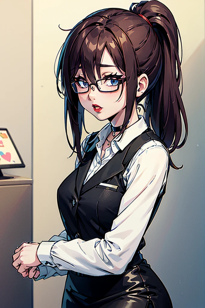 cel shading, detailed eyes, highly detailed, masterpiece, best quality, solo woman, black square glasses, hair between eyes, long side locks, long dark red hair, detailed nose, red lipstick, hair in long ponytail, ponytail, black choker, pencil skirt, white long sleeve, black vest, stockings, 