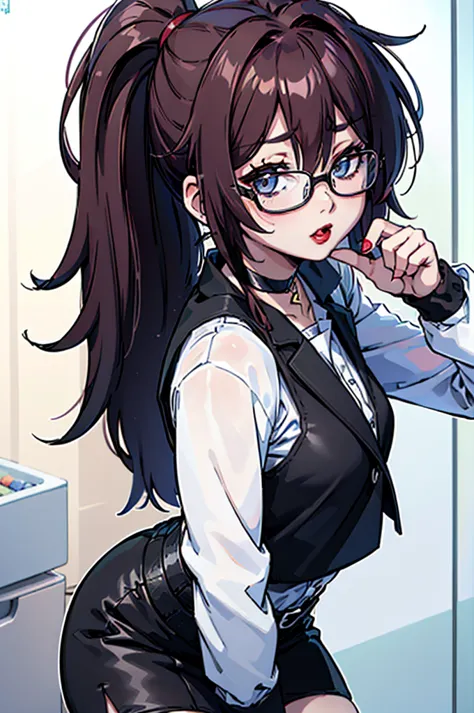 cel shading, detailed eyes, highly detailed, masterpiece, best quality, solo woman, black square glasses, hair between eyes, lon...