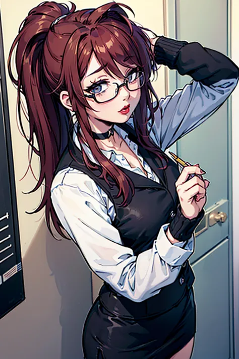 cel shading, detailed eyes, highly detailed, masterpiece, best quality, solo woman, black square glasses, hair between eyes, lon...