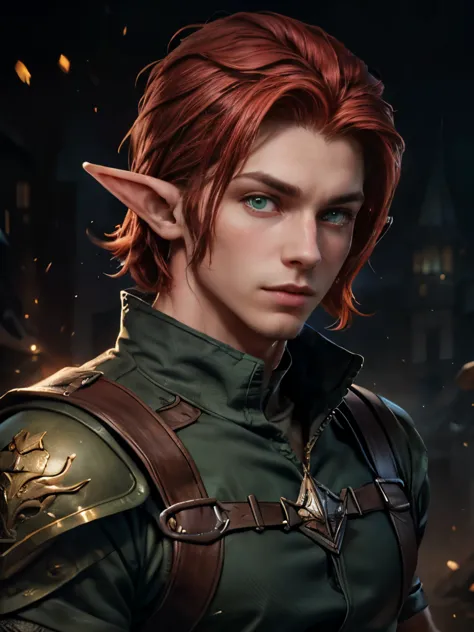 (masterpiece), best quality, high quality, (1male), adult male elf, pointy ears, handsome, (red hair:1.4), short hair, tidy hair...