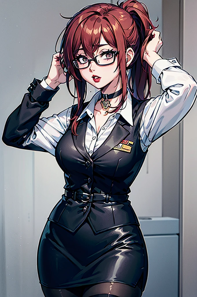 cel shading, detailed eyes, highly detailed, masterpiece, best quality, solo woman, black square glasses, hair between eyes, long side locks, long dark red hair, detailed nose, red lipstick, hair in long ponytail, ponytail, black choker, pencil skirt, white long sleeve, black vest, stockings, looking at viewer, hand behind head, 