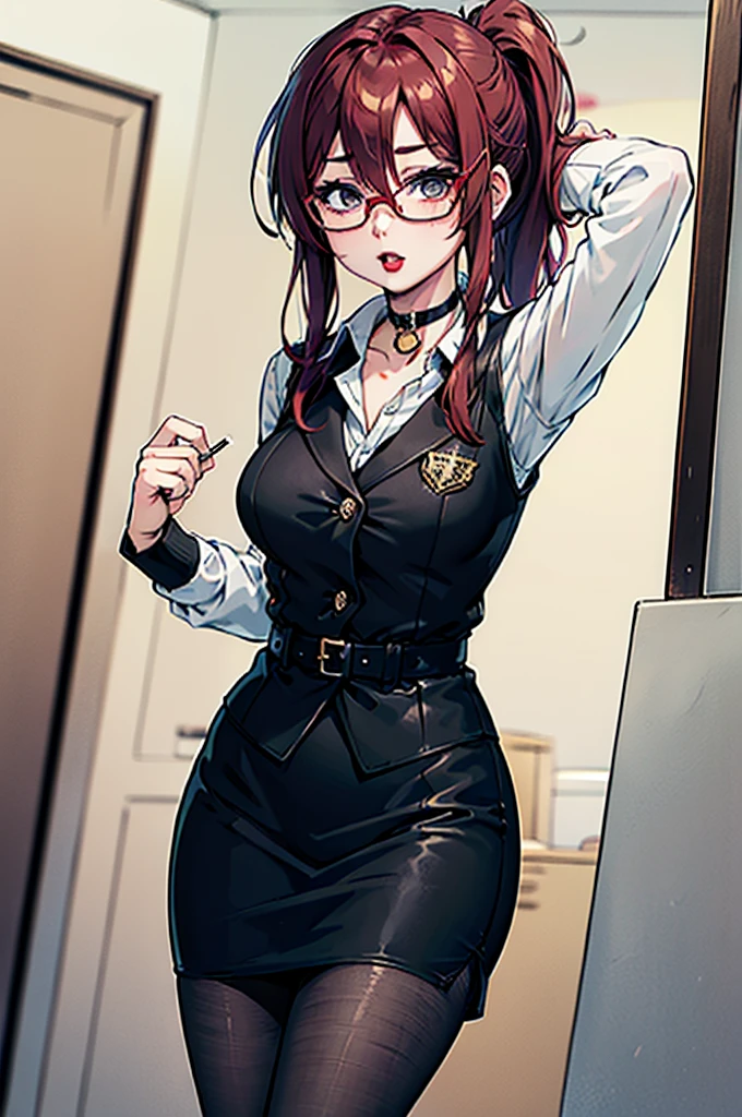 cel shading, detailed eyes, highly detailed, masterpiece, best quality, solo woman, black square glasses, hair between eyes, long side locks, long dark red hair, detailed nose, red lipstick, hair in long ponytail, ponytail, black choker, pencil skirt, white long sleeve, black vest, stockings, looking at viewer, hand behind head, 