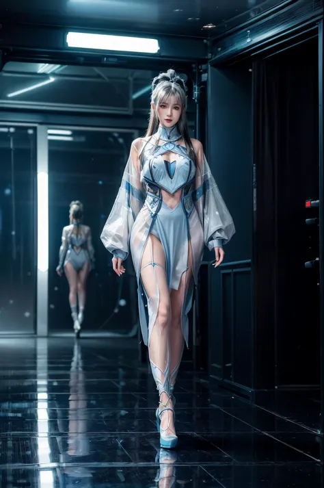 (Future World Fashion Show: 1.5)，(Future sci-fi beauty model catwalk: 1.5), Smiling female model，Elegant and dignified posture，W...
