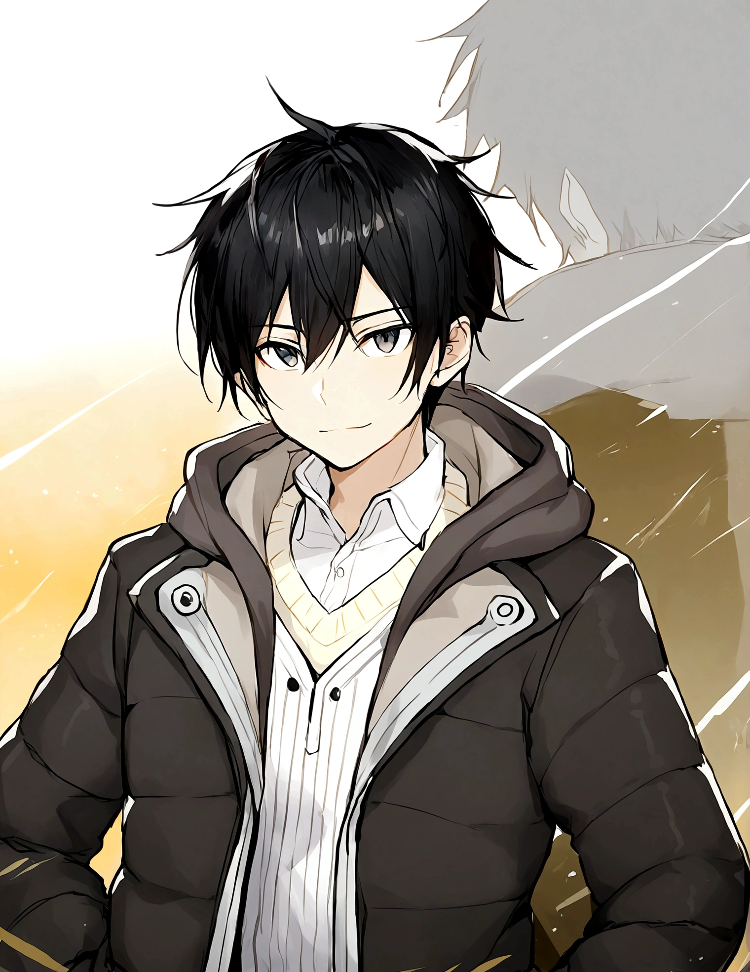 1boy，Black eyes，black hair，White shirt，Cardigan，Black down jacket，hood，hood羽绒，Male focus，solo，Upper Body