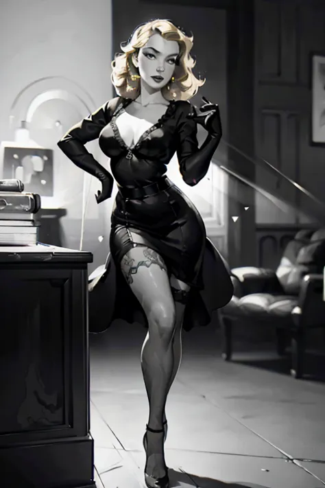 glamour pose, pinup, filmnoir1944, 1940s style,(monochrome).(rule of thirds),((hyper-realistic illustration:1.4)) beautiful 21 y...