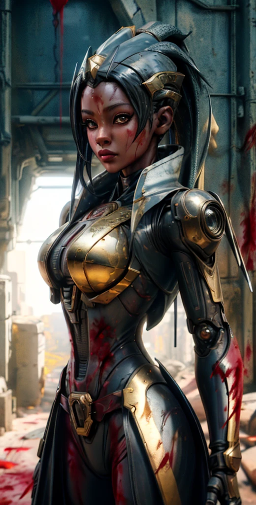 1 girl, solo, (look at viewer), ((Best quality)), ((masterpiece)), (detailed:1.4), ((upper body)), 3D, an image of a beautiful cyberpunk female,HDR (High Dynamic Range), Ray Tracing,NVIDIA RTX,Super-Resolution,Unreal 5,Subsurface scattering,PBR Texturing,Post-processing,Anisotropic Filtering,Depth-of-field,Maximum clarity and sharpness,Multi-layered textures,Albedo and Specular maps,Surface shading,Accurate simulation of light-material interaction,Perfect proportions,Octane Render,Two-tone lighting,Wide aperture,Low ISO,White balance,Rule of thirds,8K RAW, (((blood eyes))), , mechanical parts ahsoka, (dark skin:1.2), blood eyes, , medium breasts, bloodgold/black bodysuit, belt, (( bloodgold amor)) joints, body suit
