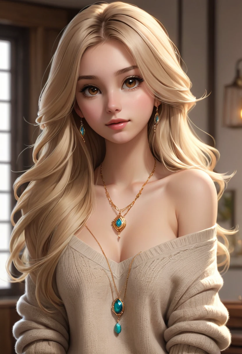 1girl in, age19, Solo, Long hair, Colossal , Looking at Viewer, blondehair, Bare shoulders, Brown eyes, jewely, Full body, a necklace, off shoulders, Sweaters, Realistic, A sexy