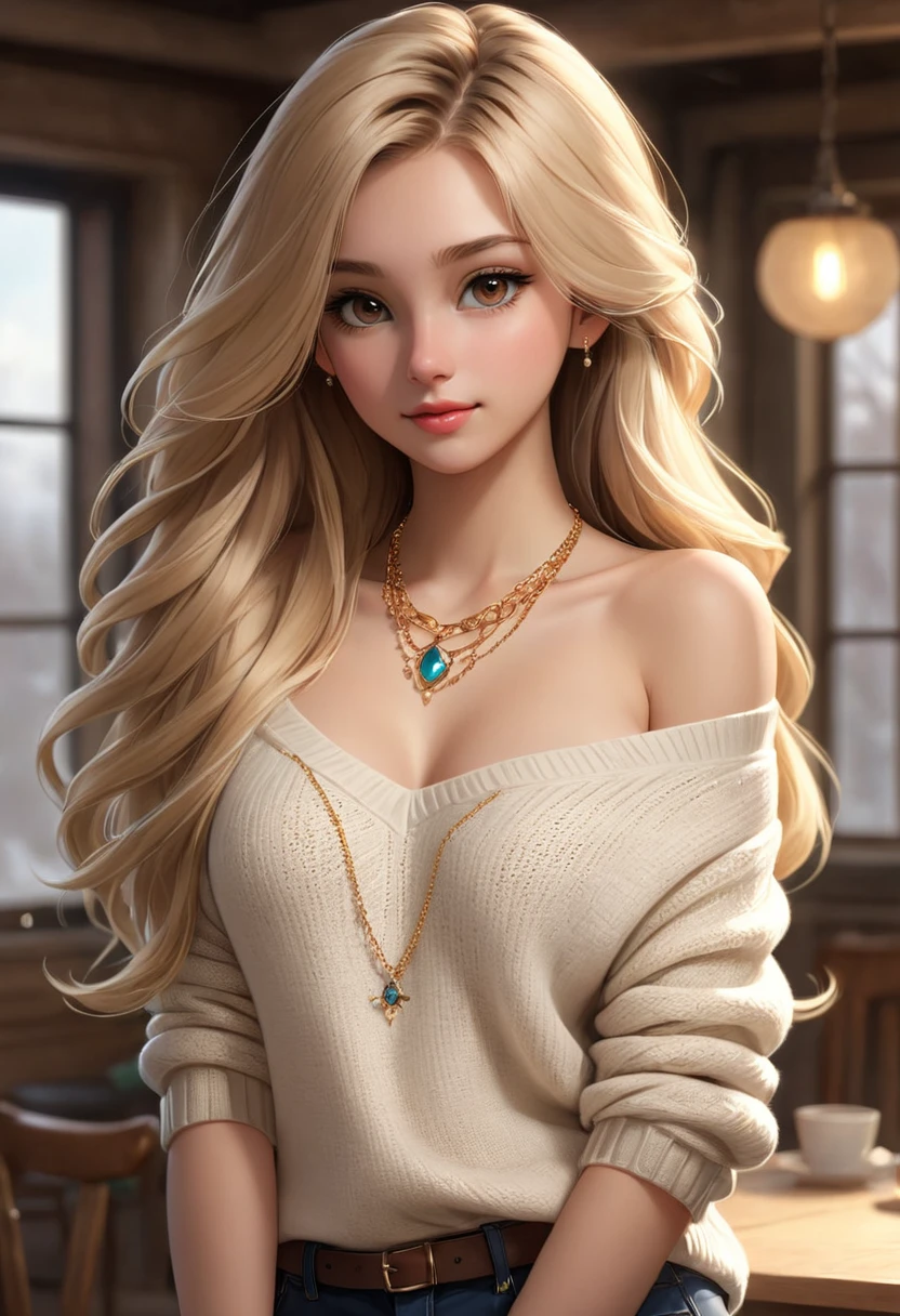 1girl in, age19, Solo, Long hair, Colossal , Looking at Viewer, blondehair, Bare shoulders, Brown eyes, jewely, Full body, a necklace, off shoulders, Sweaters, Realistic, A sexy