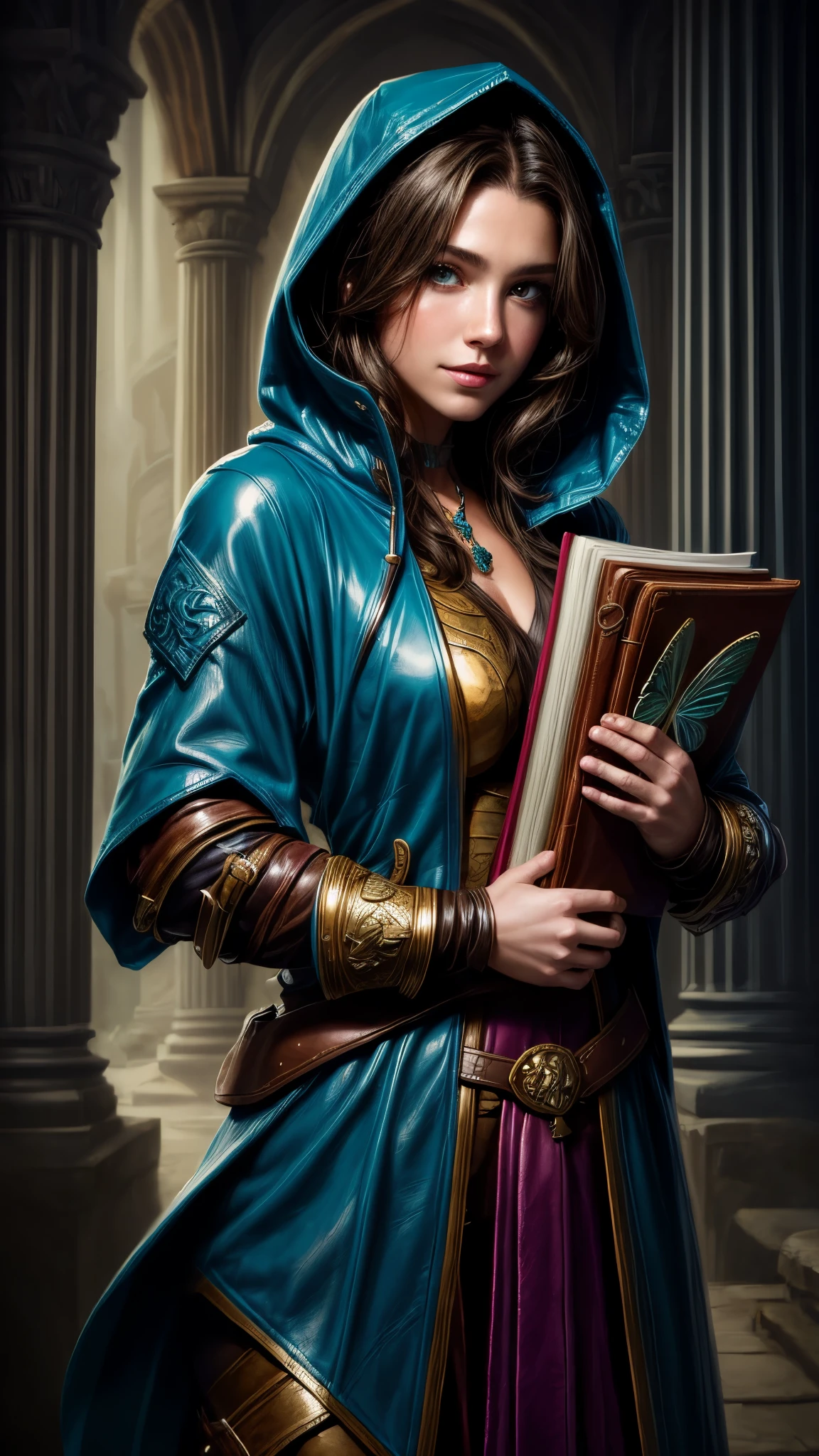 Speed painting of portrait of a fantasy female brunette human adventurer, with a dull blue leather hood, in leather armour, in a temple, D&D character, holding a very large leather bound magical book with butterfly on the book cover, slight smile on face.