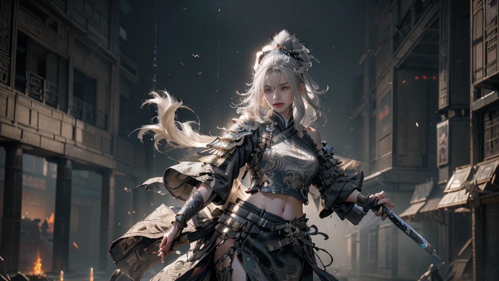 high quality,high resolution,masterpiece,8K,(超Realism的照片),(portrait),Digital Photography,(Realism:1.4),20 year old girl,Exquisite facial features,Glowing sword,((Cyberpunk style Chinese warrior)),Feel free to hairstyle,(white hair),Large Breasts,,(Cyberpunk battle suit combining science fiction and ancient style,Hollow carving design,Metal shoulder pads,Intricate clothing patterns,bamboo hat),(show navel),shut your mouth,frown,Smile,cold and serious,extremely detailed expression,Real details,Light Magic,Photo poses,oc render reflection texture
